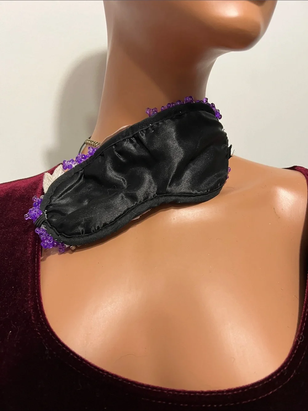 Purple Beaded Decorative Sleep Mask with Champagne Flower Accent